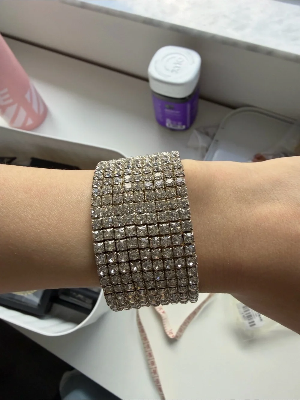 Wide Silver Tone Multi-Row Crystal Rhinestone Statement Bracelet